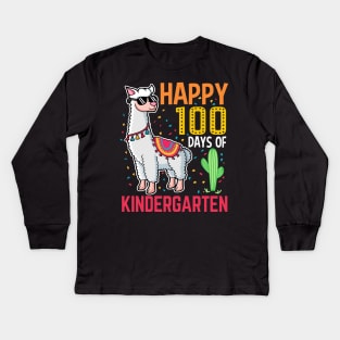 Llama Happy 100 Days Of Kindergarten Students Teacher Kids Long Sleeve T-Shirt